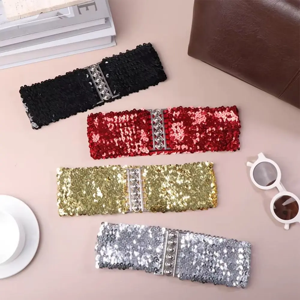 

Sparkling Sequined Wide Corset Belt Wide Elastic Stretch Waist Corset Belts Corset Belt Metal Buckle Sequin Elastic Cummerbunds