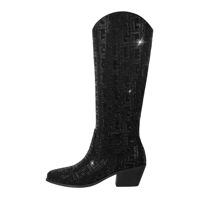 Onlymaker Women Black Knee High Boots Western Cowboy Boots Wide Calf Pointed Toe Block Heel Pull-On Cowgirl Handmade Boots