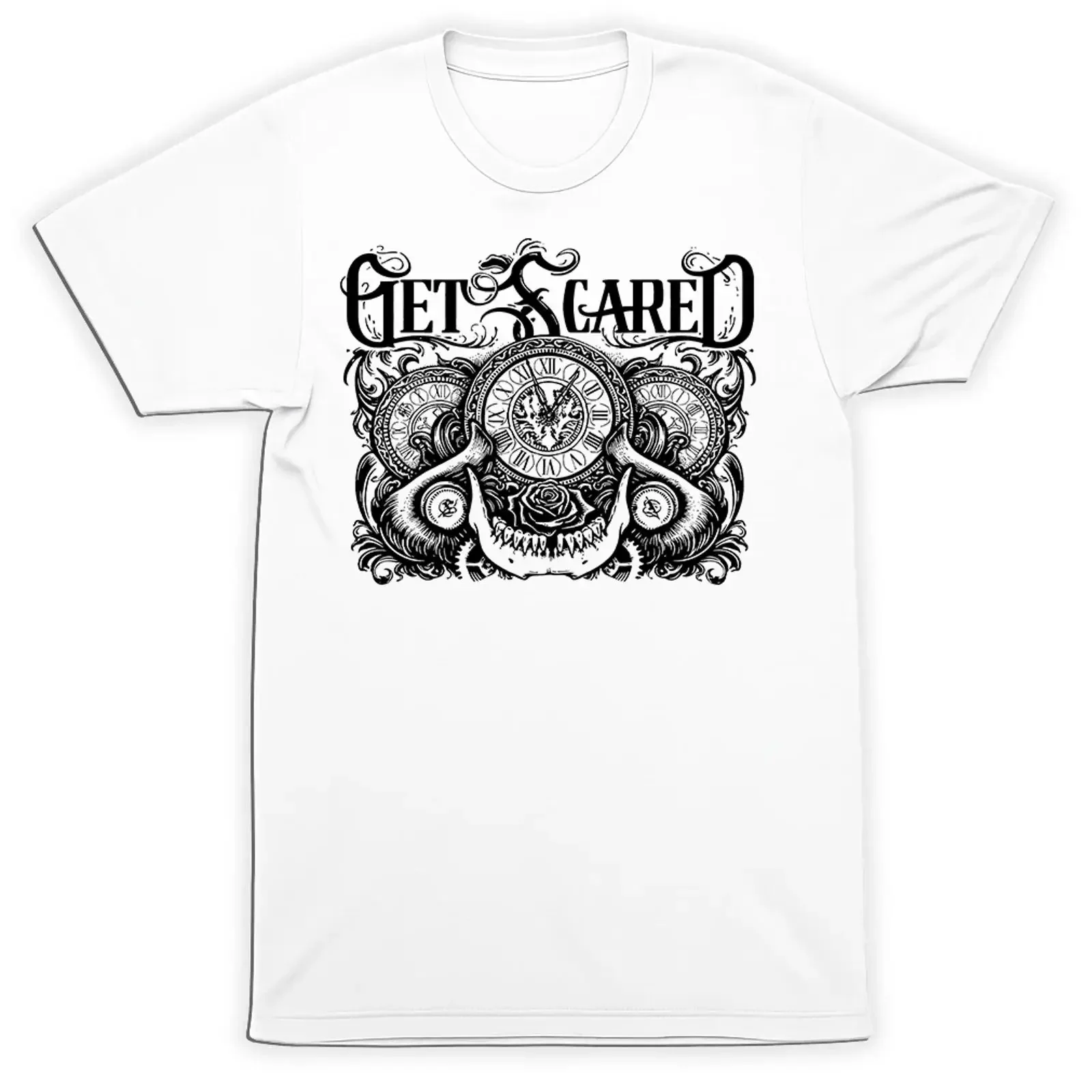 Get Scared Gothic Horror T Shirt Dark Skull Clock Post Hardcore Band vintage Washed Soft fashion Casual designer clothes