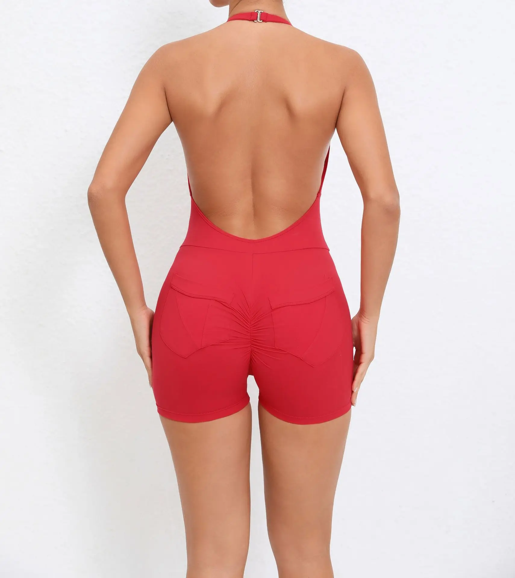 Macacão de uma peça com decote em v sem costas para mulheres terno esportivo yoga macacão roupas esportivas com bolso sem mangas treino bodysuits feminino