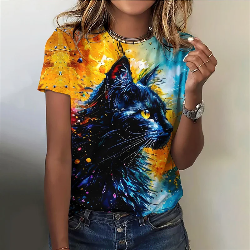 

Flower Cat Pattern T-Shirt For Women Colorful Animal 3D Printed T Shirts Summer Fashion Street Tees O-Neck Tops Short Sleeves