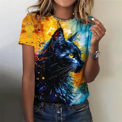 Flower Cat Pattern T-Shirt For Women Colorful Animal 3D Printed T Shirts Summer Fashion Street Tees O-Neck Tops Short Sleeves