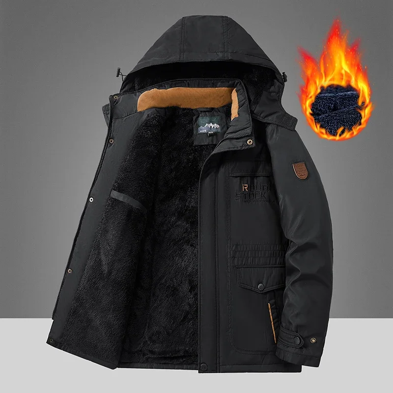 2024 New Men Thickened Plush Jackets Multi Zipper Pocket Warm Coats Detachable Hood Outdoor Mountaineering Clothe Autumn Winter