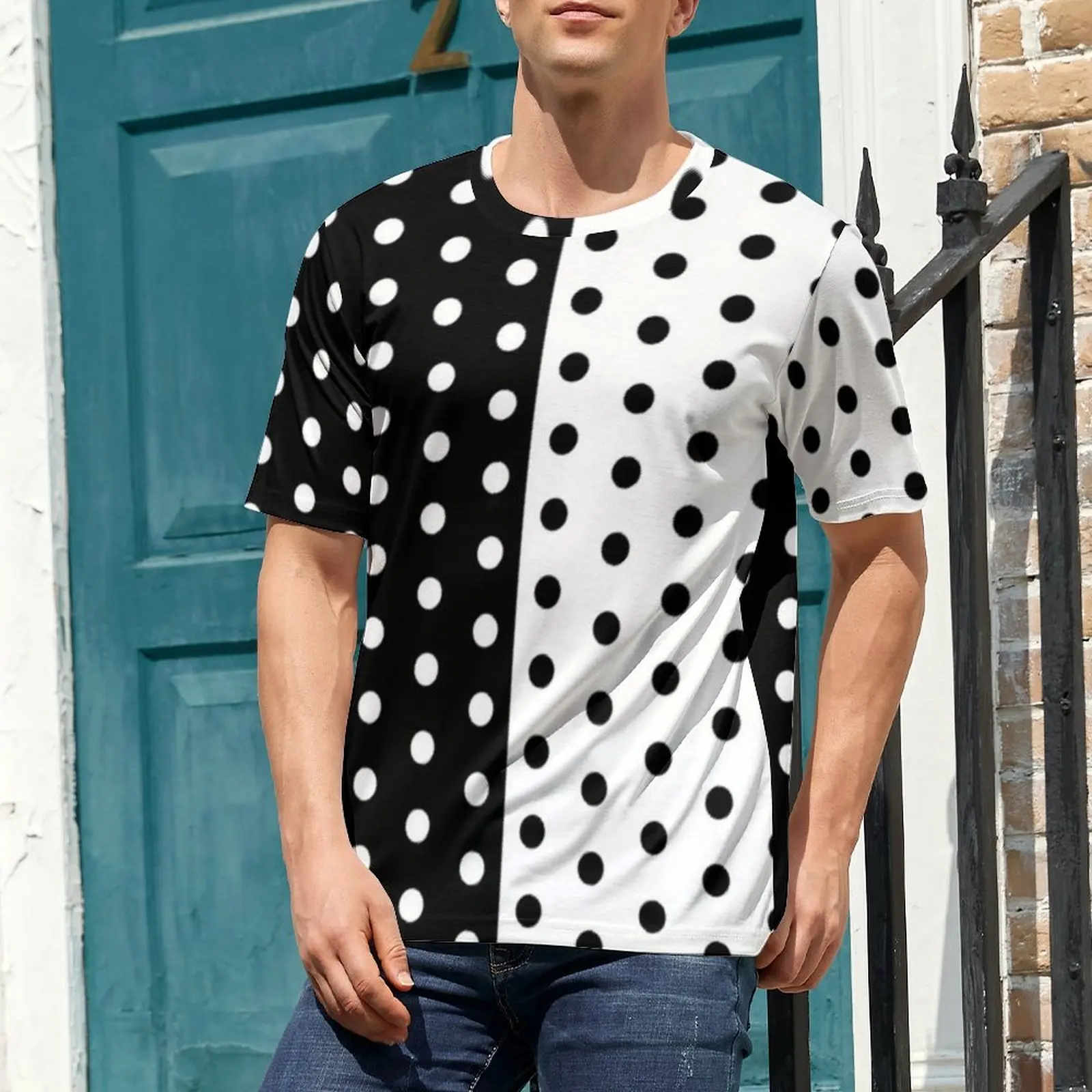 Summer T Shirt Retro Two Tone T Shirts Black And White Spotted Casual Fashion Tee Shirt For Man Short-Sleeved Oversize Clothes
