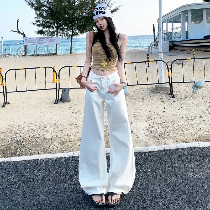 2025 아메리칸 레트로 심플 와이드 레그 진, 여성용 사계절 신상 패션 편안한 루즈핏 캐주얼 롱진