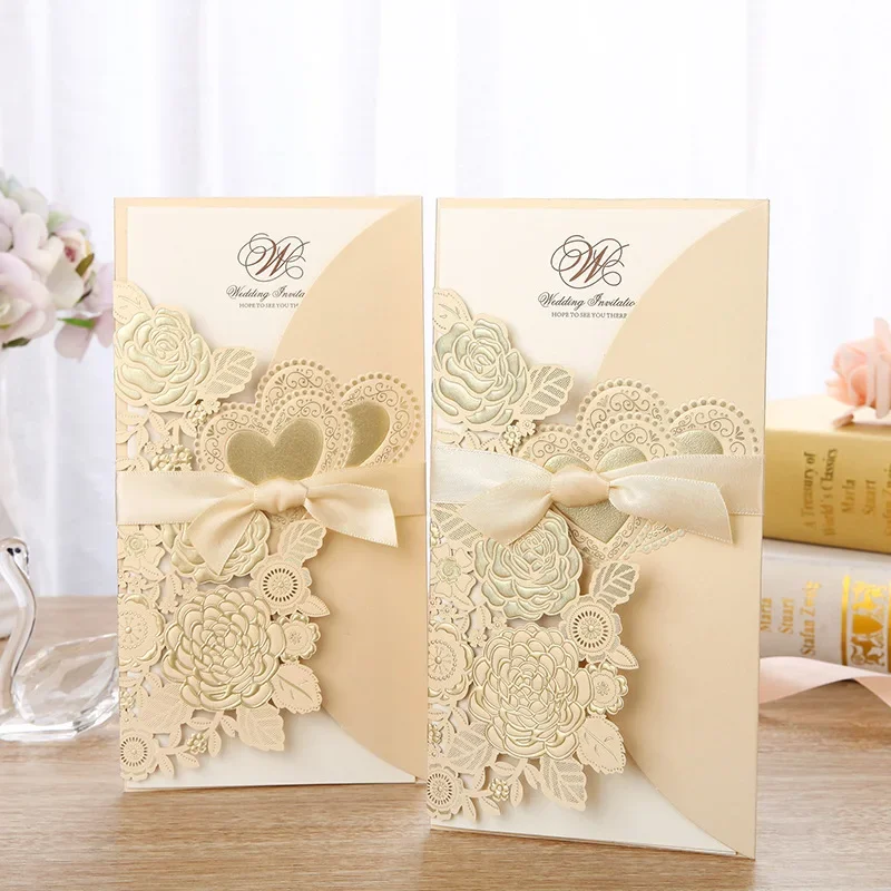 

30pcs Gold Glitter Paper Laser Cut Wedding Invitation Card With Ribbon Personalized Wedding Decor Party Supplies