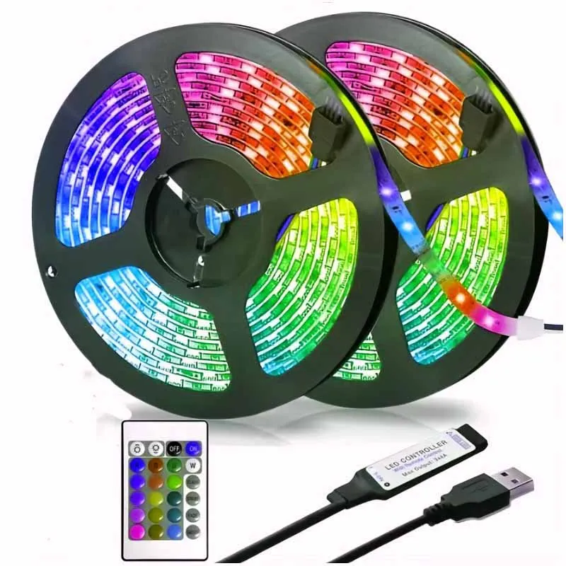 2M RGB Strip Light 24-Key Remote USB Plug Christmas Decorative Lighting for TV Background Game Room Family Party Atmosphere