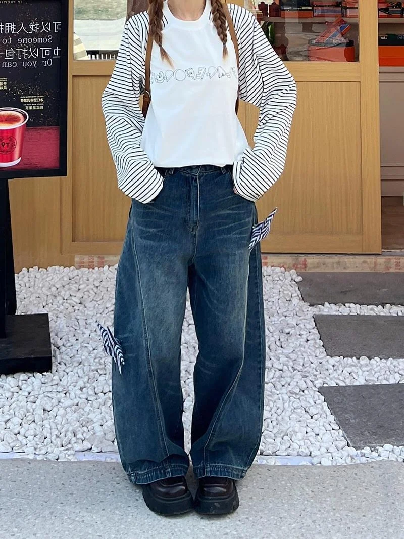

American Style Lazy Girl Design Star Embroidery Denim Pants Women Summer Loose Feeling Long Trousers High Waist Wide Leg Jeans