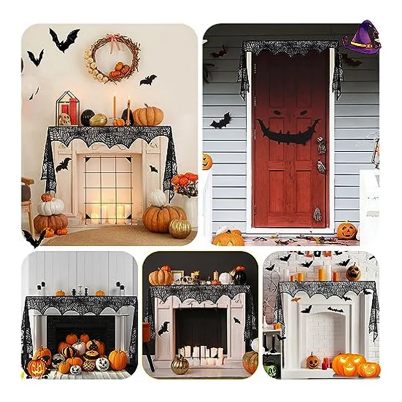 PZHI-Halloween Fireplace-Mantle Scarf, Spiderweb Mantel Black Lace Fireplace-Mantle Cover Festive Party Gothic Indoor Decor Dura