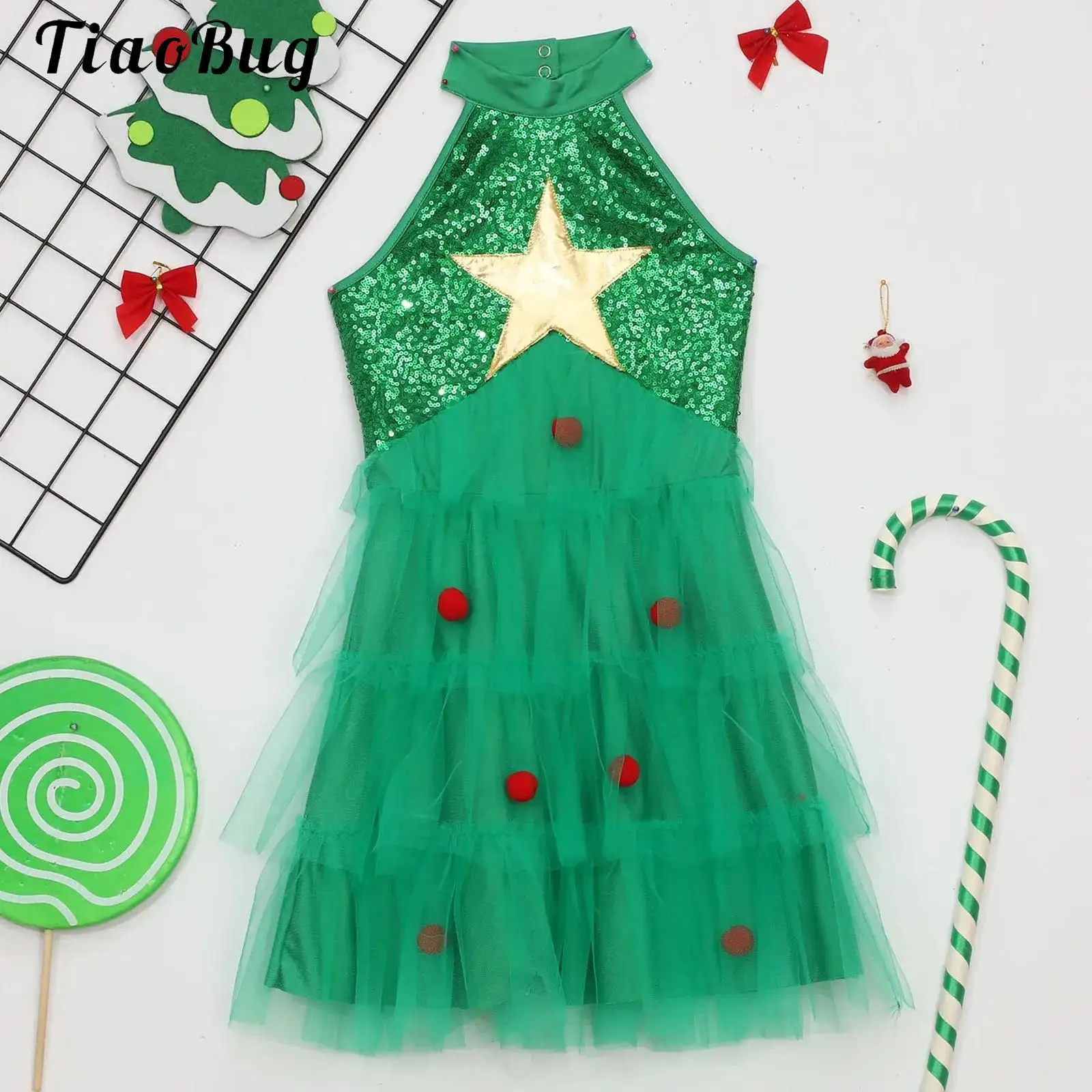 

Cute Sequins Tiered Mesh Tutu Green Christmas Tree Costume for Girls Princess New Year Party Elf Santa Dress Up Sleeveless Dress