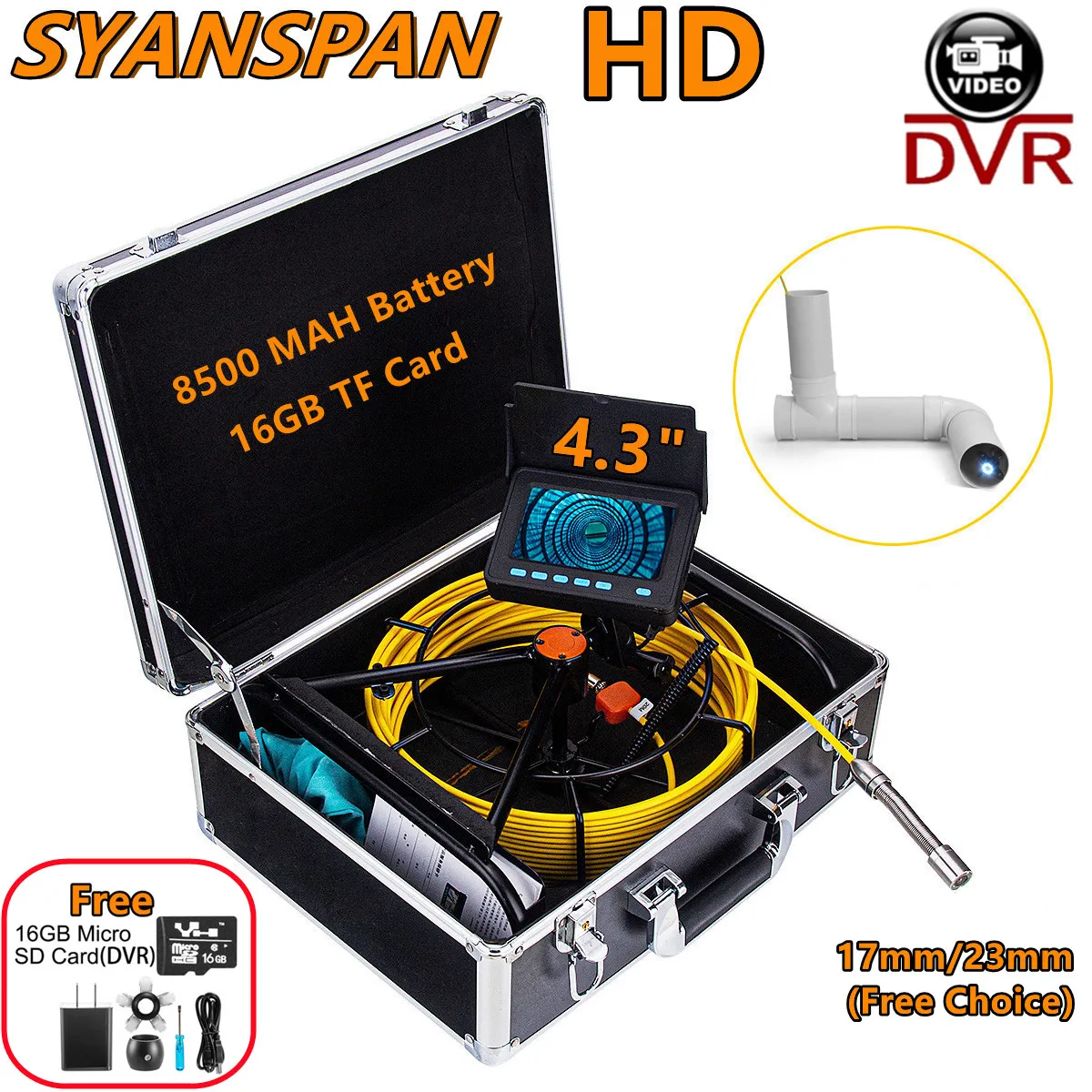 Piping Endoscope Cameras 4.3in HD 16GB DVR Monitor,10M-50M SYANSPAN IP68 Industrial Drain Sewer Pipe Inspection Camera Endoscope