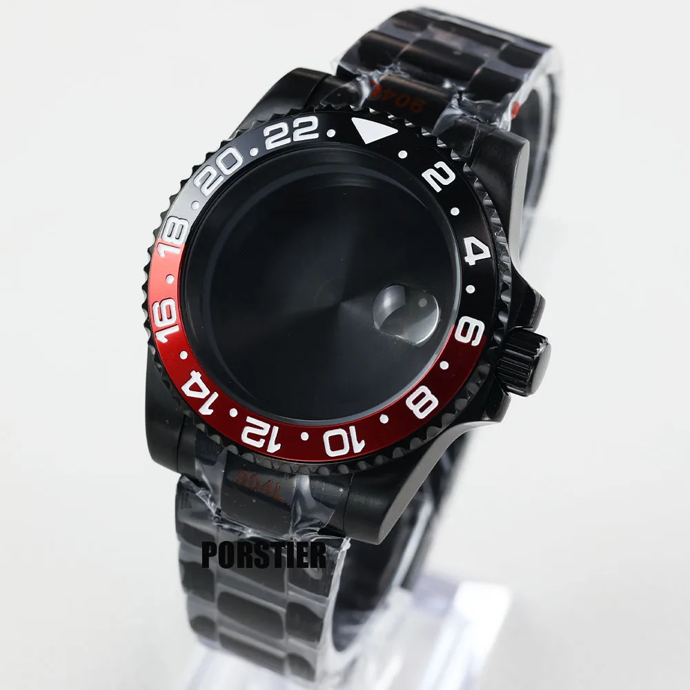 40mm 블랙 pvd 시계 케이스 NH34 NH35 NH36 무브먼트 용 사파이어 방수 28.5mm 다이얼 Submariner GMT 굴 스트랩 케이스