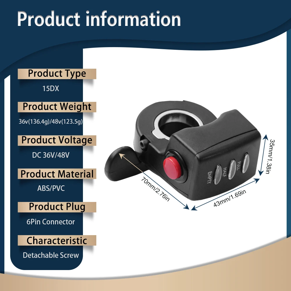 Electric Bike Thumb Throttle 15DX 36V 48V with 6 Pin SM Plug Power Switch Compatible with Ebike Scooter