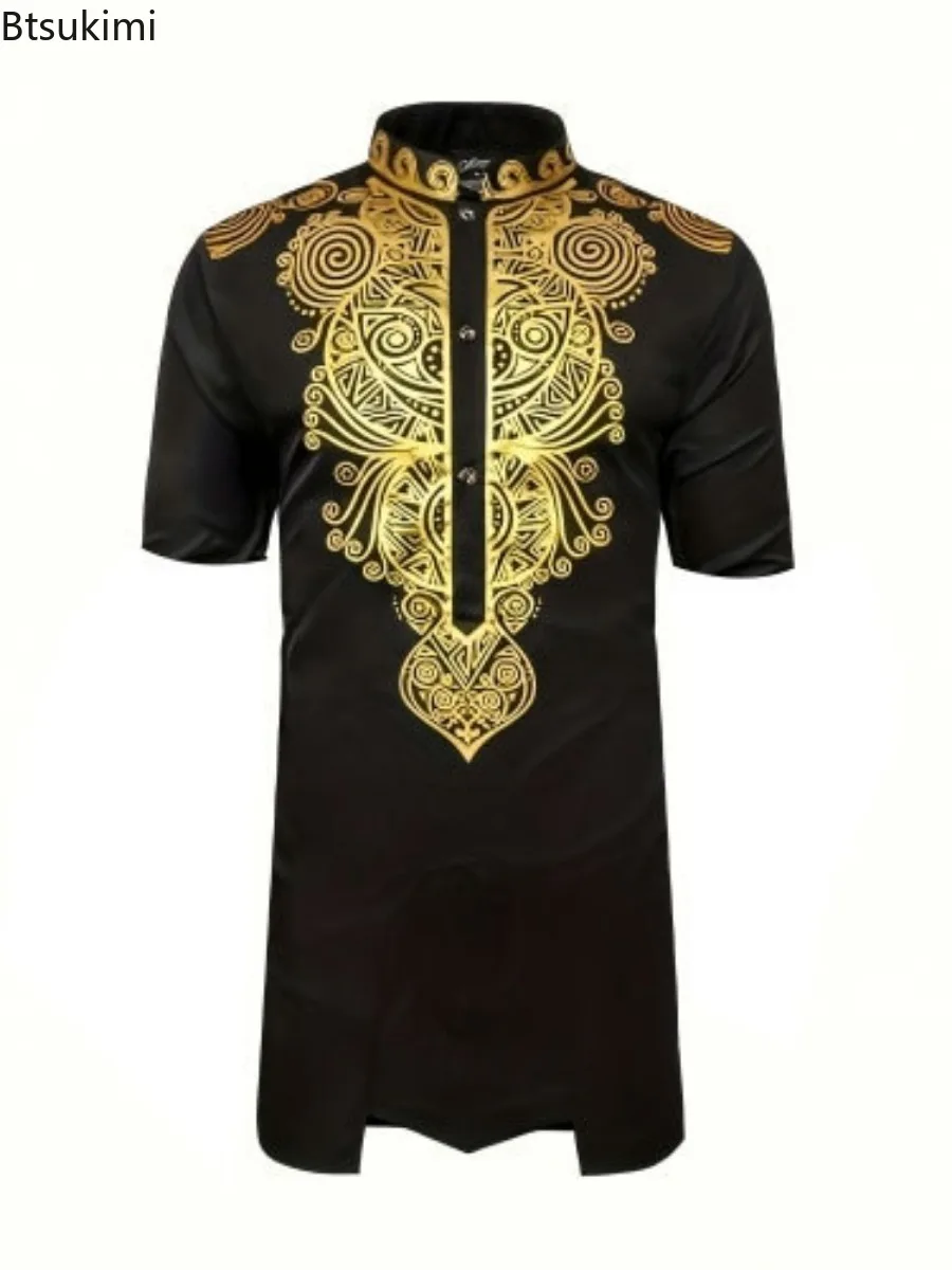 Men's Fashion Printing Short Sleeve Africa Traditional Clothing Stand Collar Pullover Men Ethnic Style Long Shirt Dashiki Shirts