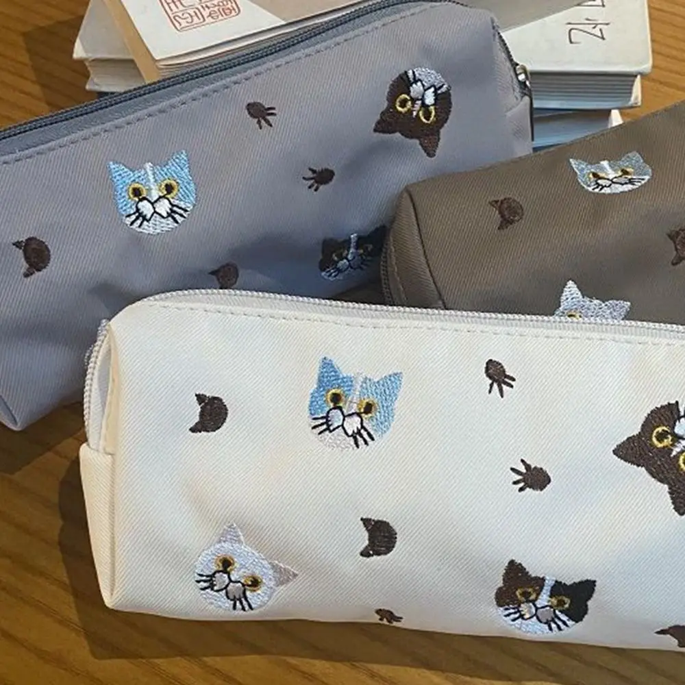 Cute Cat Embroidery Pencil Case Portable Large Capacity Stationery Bag For School Students Makeup Storage Bag