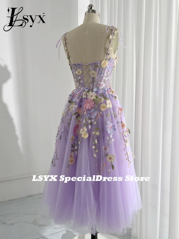 LSYX 3D Floral Spaghetti Straps Prom Dress 2023 Simple Backless Lace Up Vestido De Novia Deep V-neck A-line Evening Gown