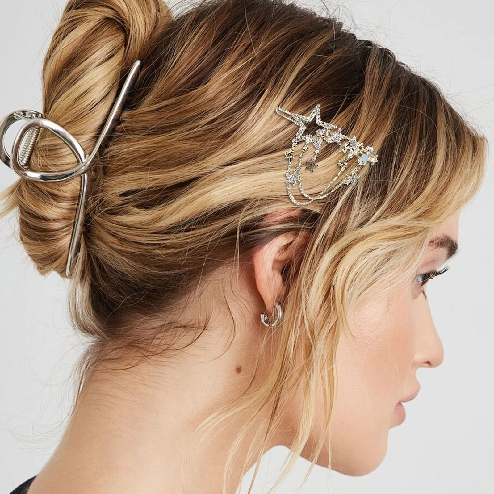 

2Pcs Stars Hair Clip Rhinestone Accented Tassels Hairpin Elegant Girls Hair Barrette Side Clip for School Church Festival Casual