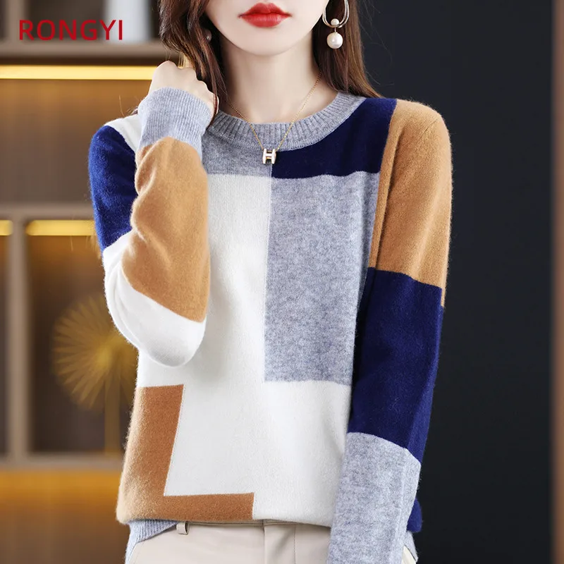 RONGYI 100% Merino Wool Women\'s O-Neck Colorblock Autumn Winter Pullover Cashmere Warm Long Sleeve High Quality Top JS022