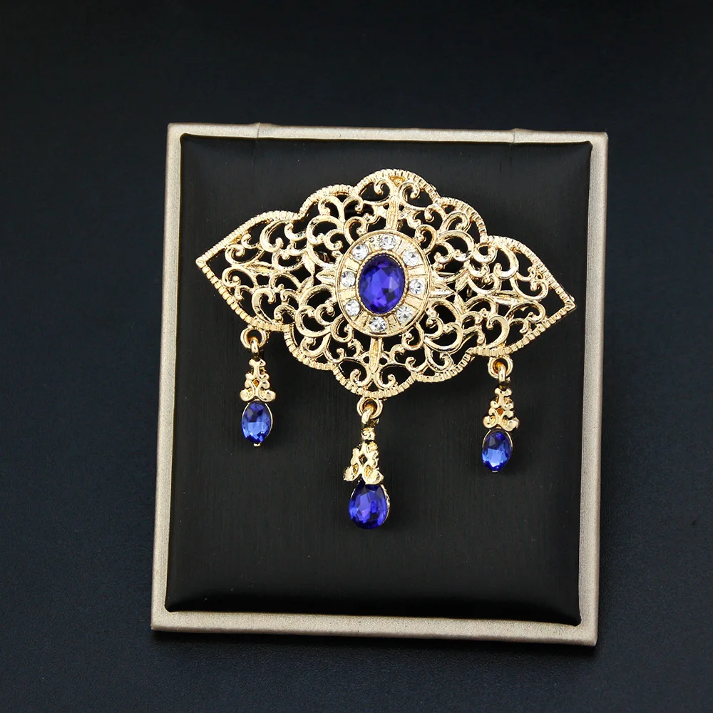 Sunspicems Chic Gold Color Crystal Brooch For Women Morocco Caftan Collar Brooch Pins Flower Arabesque Bridal Wedding Jewelry