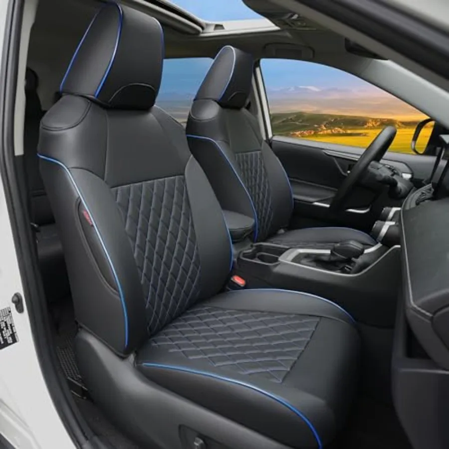 

Чехлы на сиденья на заказ для Toyota RAV4 2019-2025 SUV, полный комплект, кожаные, черные с синей отделкой, совместимые с подушками безопасности, LEXLE XLE Premium