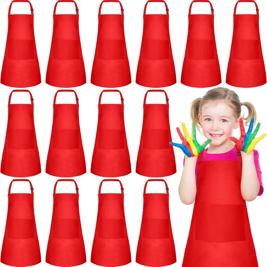 PLULON Delantales rojos ajustables de 20 piezas con bolsillo, ideales para pintar, actividades de cocina y repostería, duraderos y cómodos