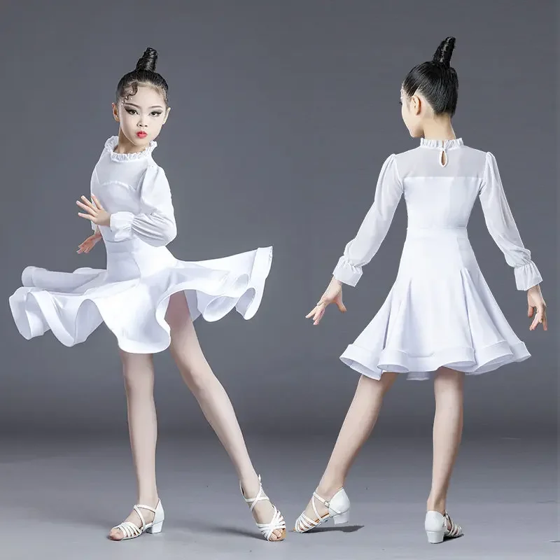Kids Long Sleeve Latin Dance Dress, Summer Split Practice Suit For Girls, Professional Latin Outfit For Art Test & Competition