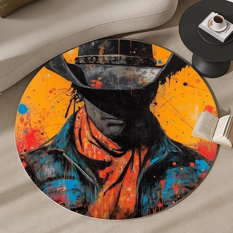 Graffiti Art Western Cowboy Portrait Round Rug Vibrant Splash Ink Print Non Slip Durable Floor Carpet Retro Wild West Style Mat