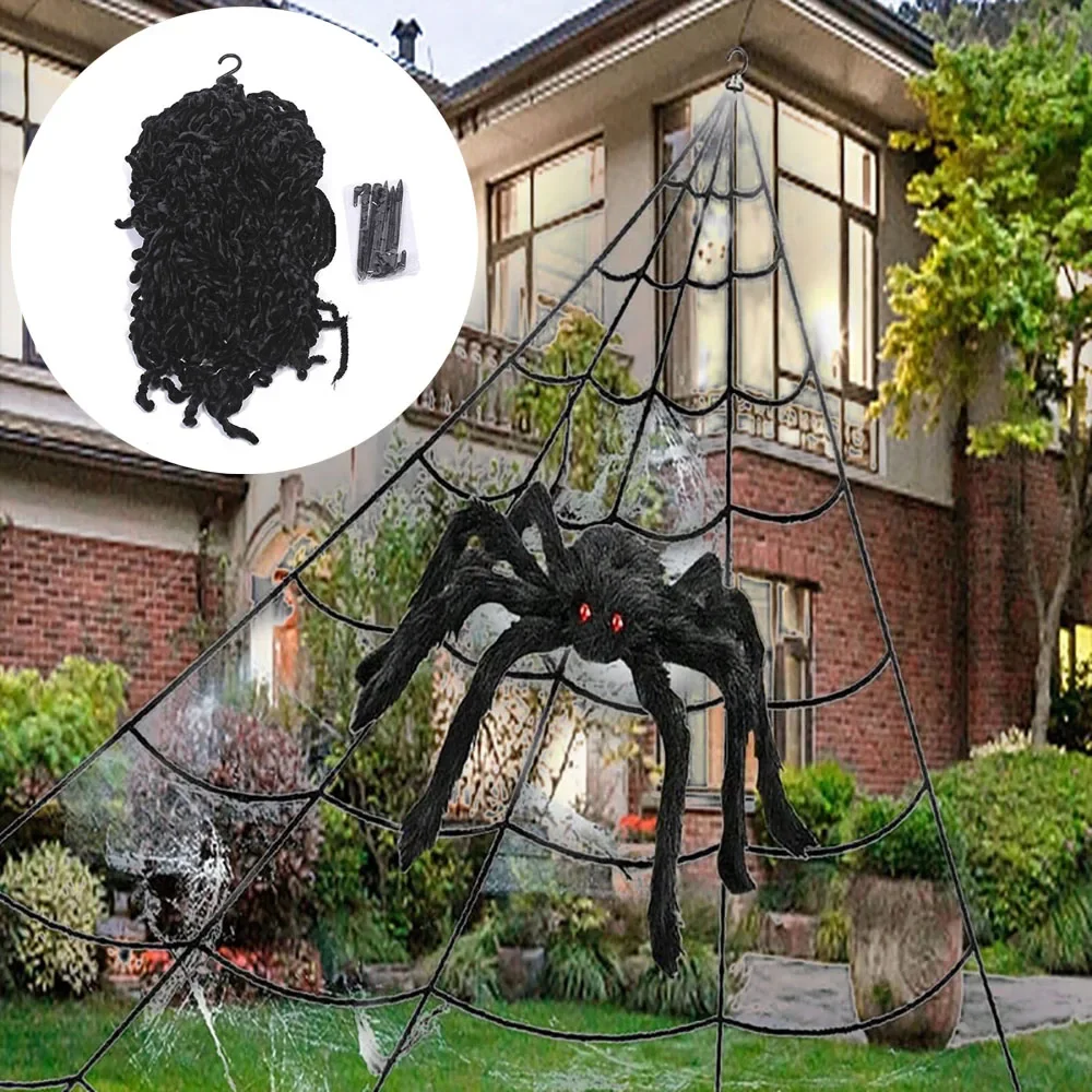 Halloween Dreieckiges Spinnennetz, 5m Großes Plüsch-Simulations-Spinnennetz, Requisiten für Spukhaus-Dekoration im Außenbereich, Halloween-Deko – Detail 8