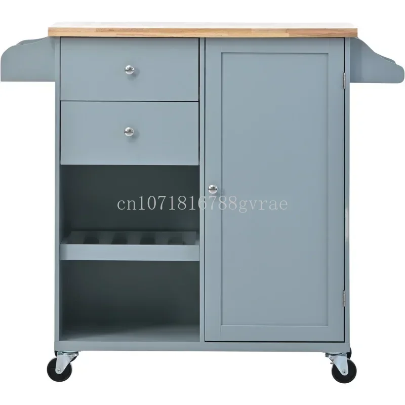 Kitchen Cart with Spice Rack ,Towel Rack & Two Drawers,Rubber wood top,Kitchen Island with 4 Wheels Grey Blue