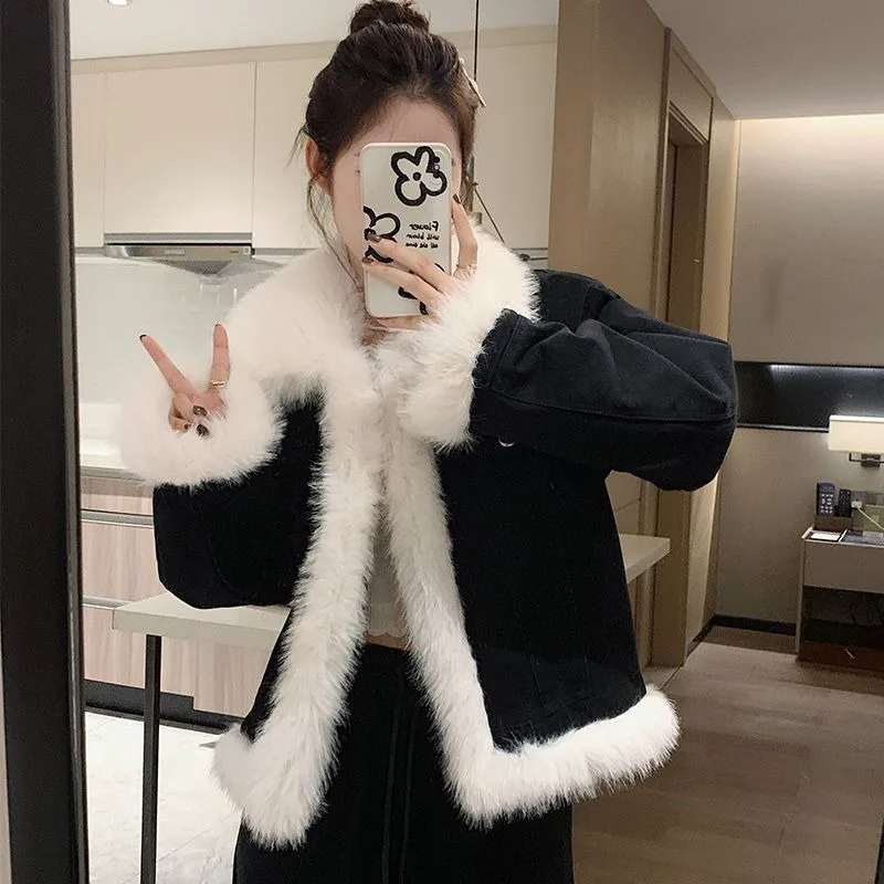 

2025 autumn winter new retro fur collar splicing short cotton clothes lamb wool padded cotton thickened high-end cotton clothes