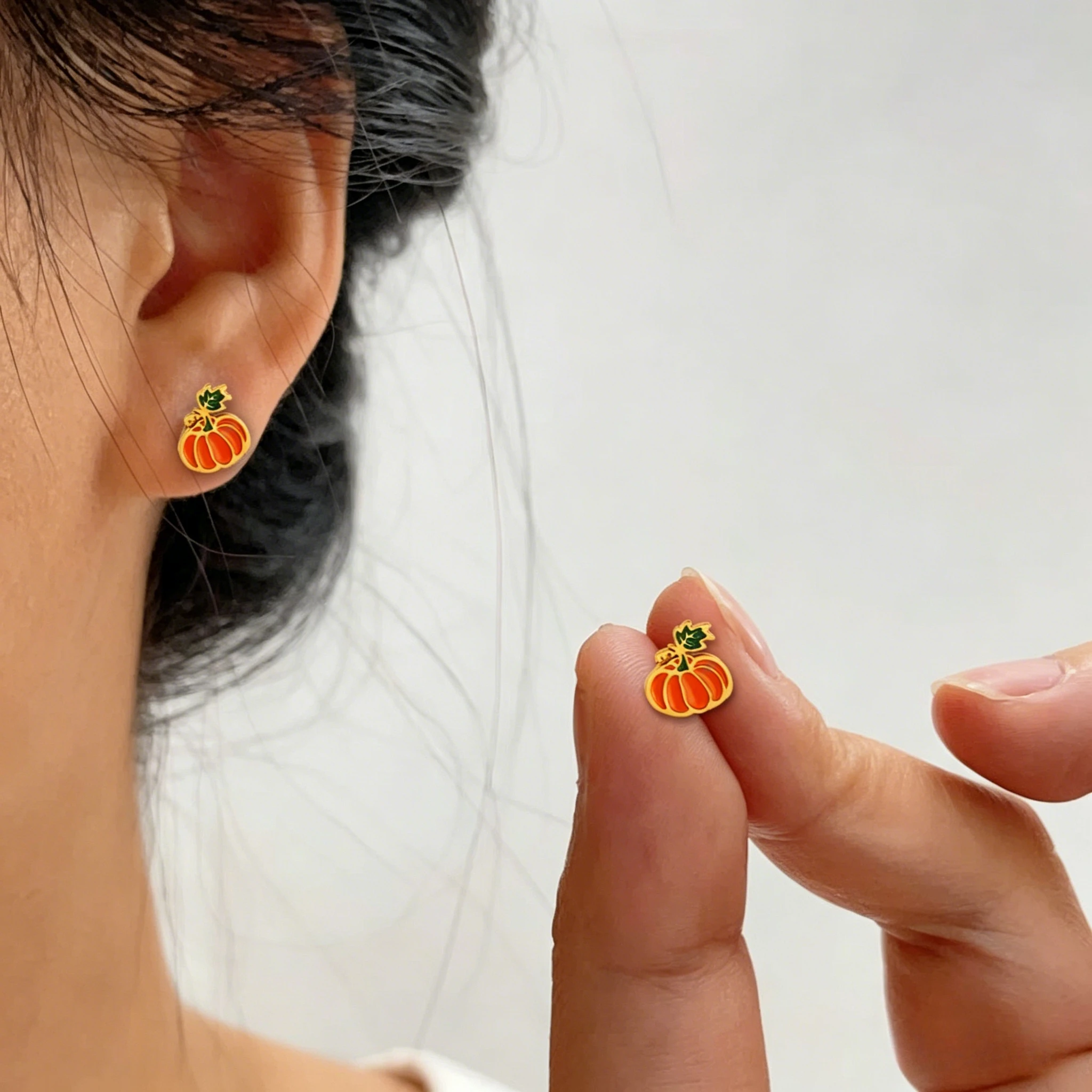 Gold Plated Stainless Steel Orange Green Enamel Pumpkin Stud Earrings Tarnish Resistant Hypoallergenic Holiday Piercing Jewelry