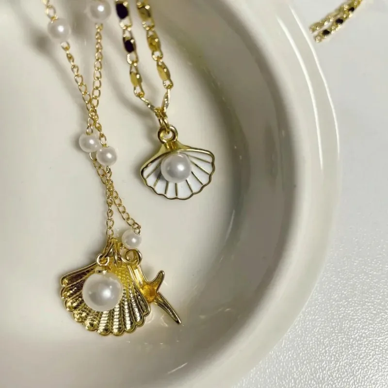 1pcs Set Fashion Boho Gold Color Marine Shell Starfish Pendant Pearl Chain Multi-layer Fold Wear Necklace for Women Jewelry Sets