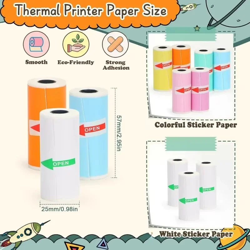 Mini Printer Sticker Paper, Thermal Paper Rolls For T02/M02 and Mini Printer, Smooth Color Self-Adhesive Paper 25X57mm Paperang