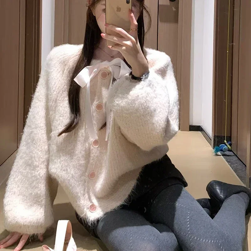 

Милый вязаный кардиган в японском стиле, женский свободный свитер на пуговицах с бантом и длинными рукавами, ленивый ветер, милые повседневные нежные студенческие топы с круглым вырезом