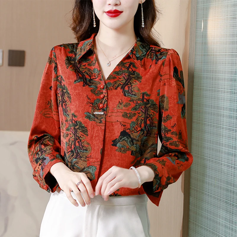 Women\'s Shirts Loose Printed Vintage Blouses Spring/Summer Clothing Fashion V-Neck Long Sleeves Women Tops