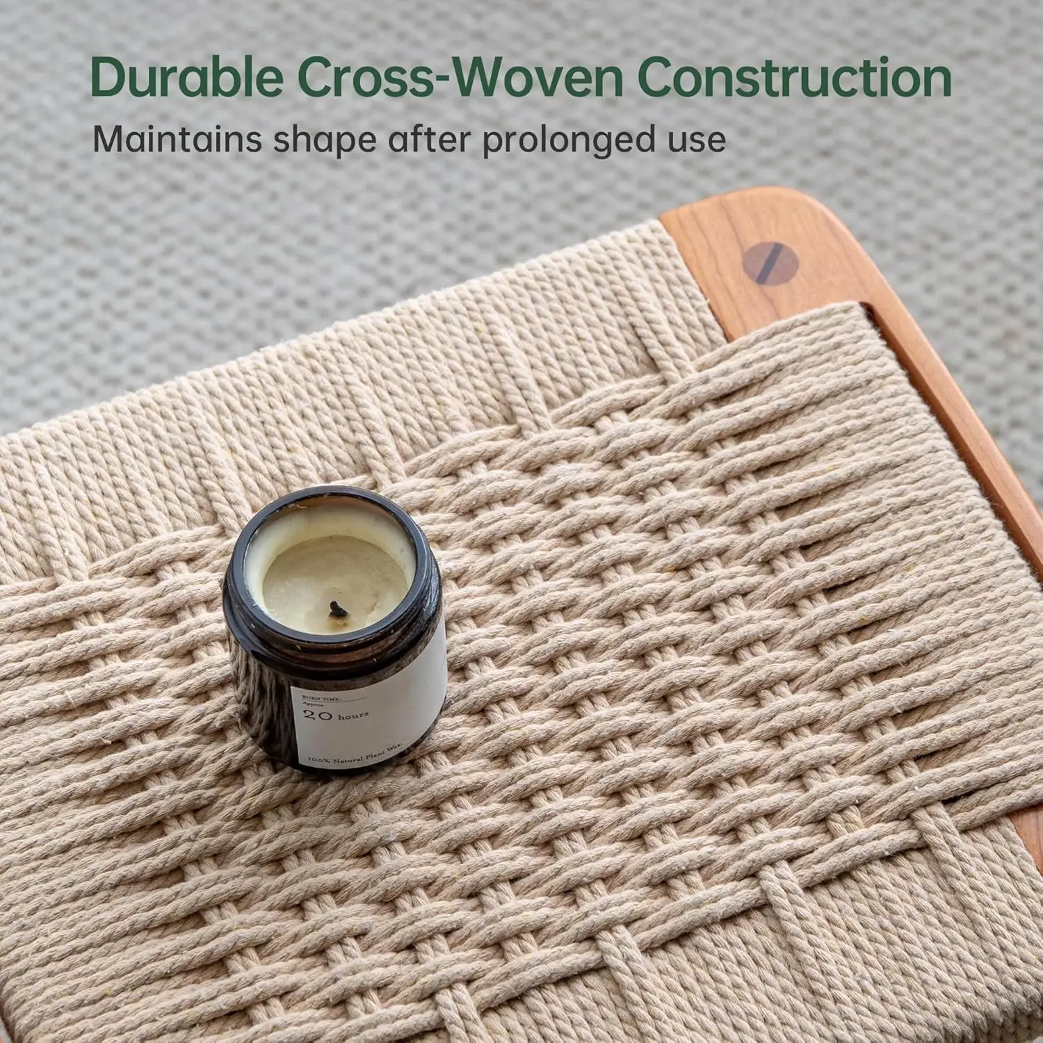 솔리드 오크 팜하우스 현관 스툴, 로프 직조 벤치 시트, 나무 발판(내추럴, 11.8' D x 13.8' W x 17.7' H)