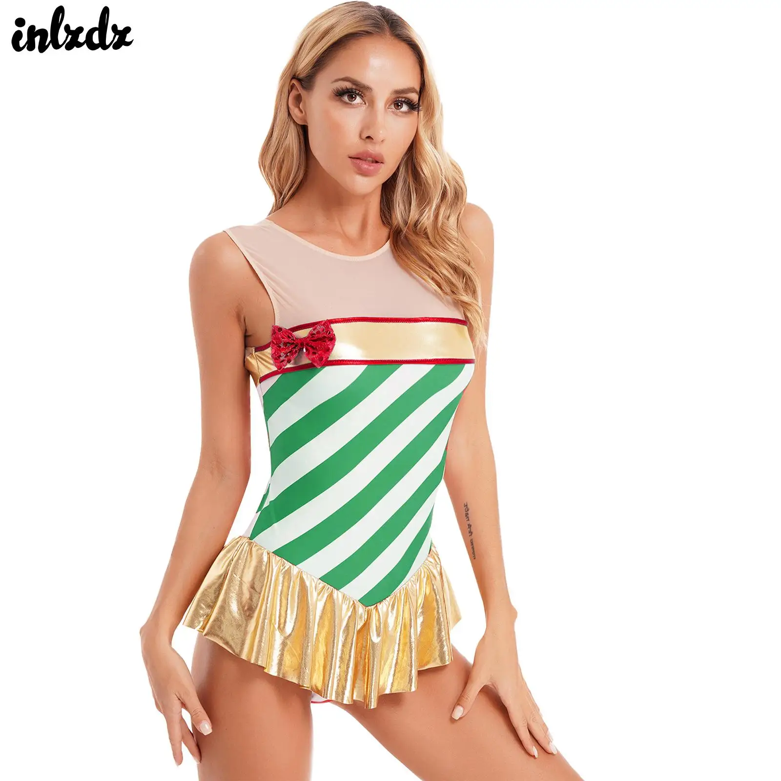 Womens Candy Cane Christmas Elf Costume Striped Bodysuit Ruffled Mini Skirt Dress Gymnastic Leotard Ballet Figure Skating Dress