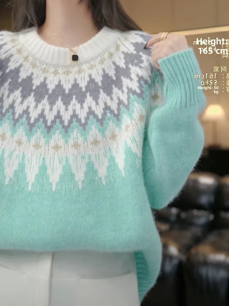 เสื้อสเวตเตอร์ถักไหมพรมทรงหลวม ปักลาย แฟชั่น สำหรับผู้หญิง ใส่ได้หลายโอกาส รุ่นฤดูใบไม้ร่วง-ฤดูหนาว คอกลม แขนยาว