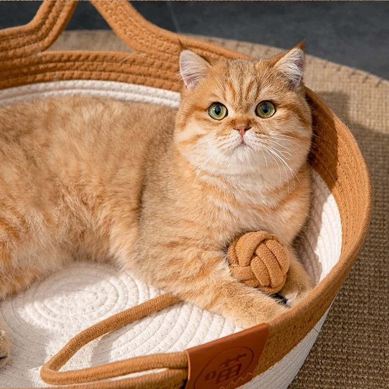 Pet Cat Mat Dog Bed Sofa Handmade Weaving Four Season Cozy Nest Baskets Waterproof Removable Cushion Sleeping House