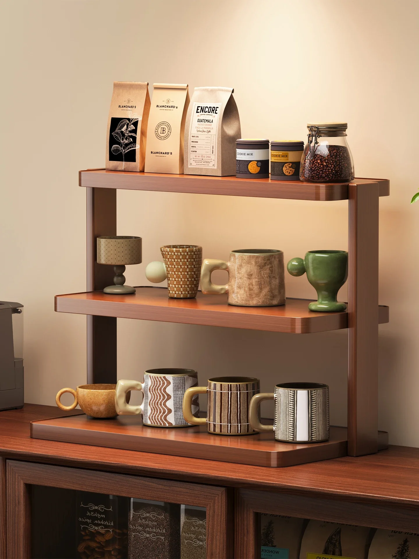 Modern Minimalist Multi-layered Coffee Table Cup Holder Living Room Display Storage Rack Wooden Step-shaped Shelf Universal