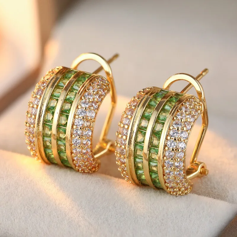Classic Minimalist Style Women's Hoop Earrings Double Row Inlaid Green Synthetic Zircon Light Luxury Earrings Fashion Jewelry