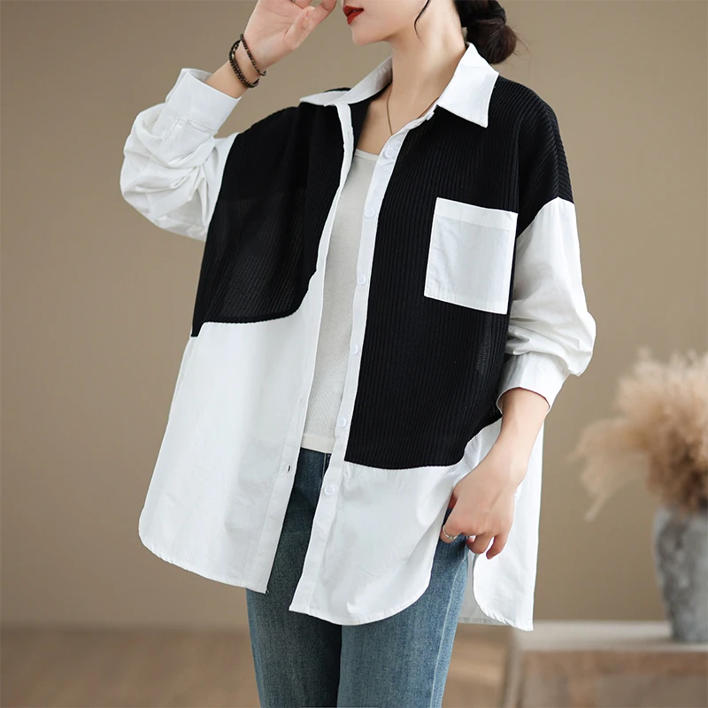 Feminino malha retalhos cor blo longo sve irt coreano sle solto ajuste cor pura botão acima cardigan casaco topo