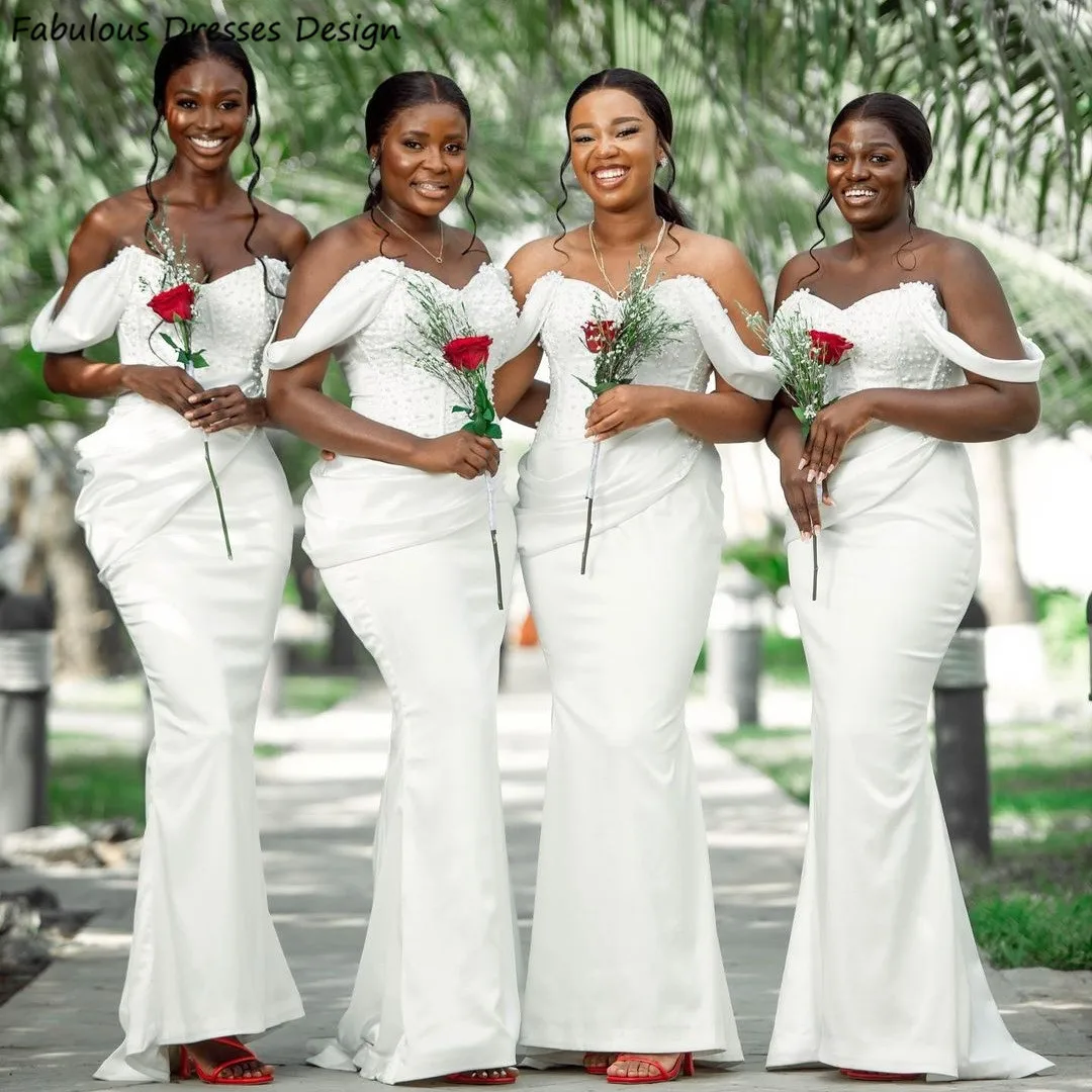 

Luxury White Off Shoulder Bridesmaid Dresses Long Mermaid Beaded Pleat Sweetheart Neck Wedding Party Dress For Women Prom Gown