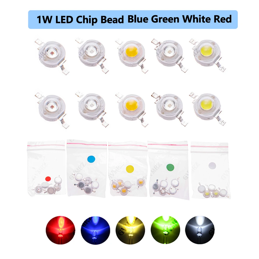 10PCS 1W LED Chip Bead Various colors White Red Yellow for PCB DIY Electronics Blue Green