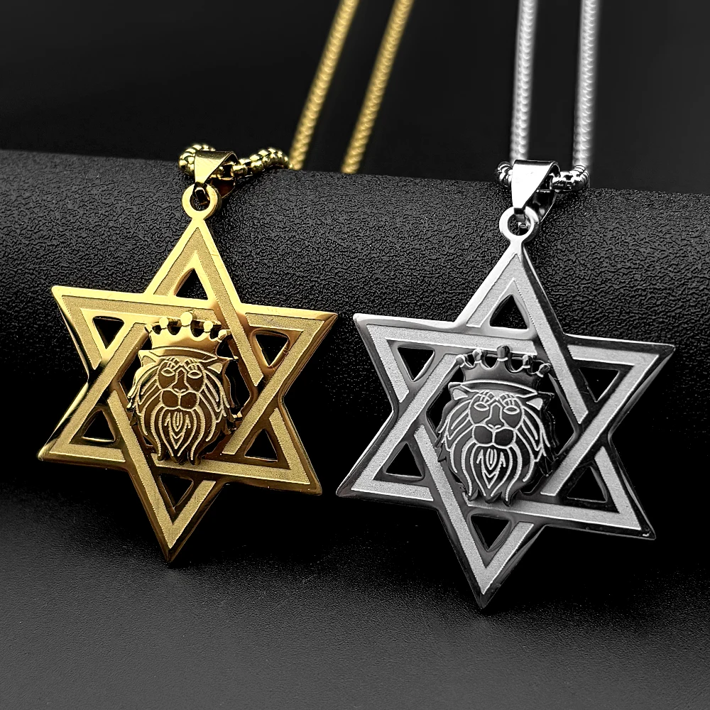 Israel Jewish Star of David Lion of Judah Pendant Necklace for Women Men Stainless Steel Gold Color Rastafarian Chain Jewelry