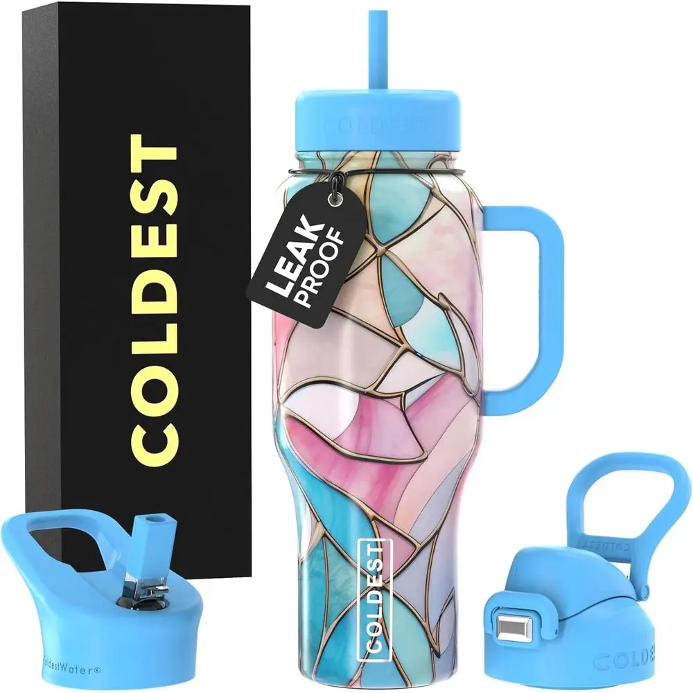 

36 oz Insulated Tumbler with Handle and 3 Lids - Leak-Proof, Stainless Steel for Men & Women, Cup Holder Friendly Base