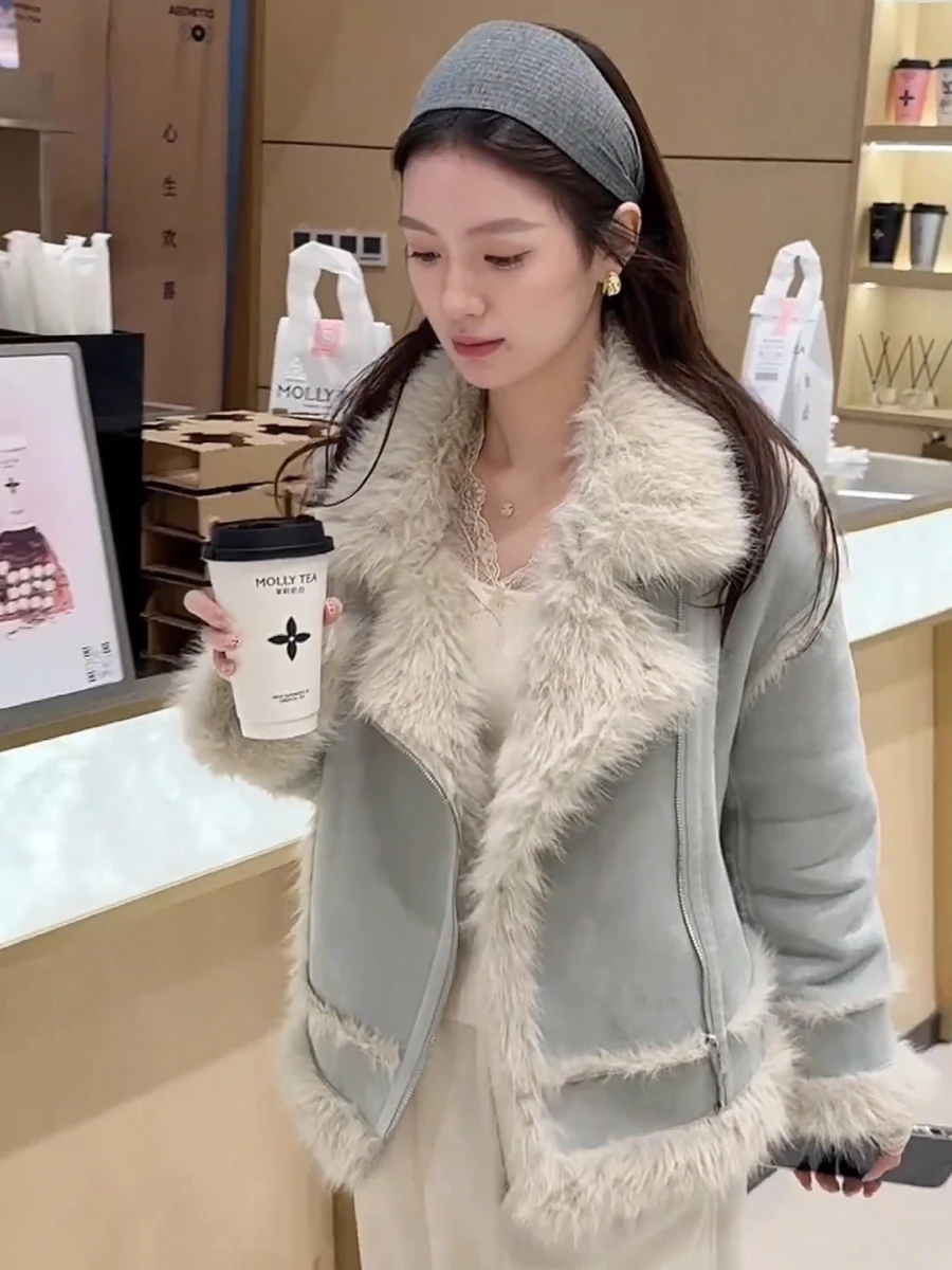 

Faux Fur Jacket Women's Autumn Winter Thickened Fleece Knitted Leather And Fur Integrated Lace Splicing Top