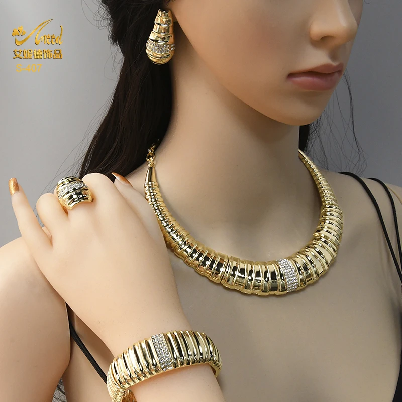 ANIID Dubai 2022 New High Quality Wedding Necklace Jewelry Set African Plated Gold Choker Necklace Bracelet Sets Gifts Wholesale