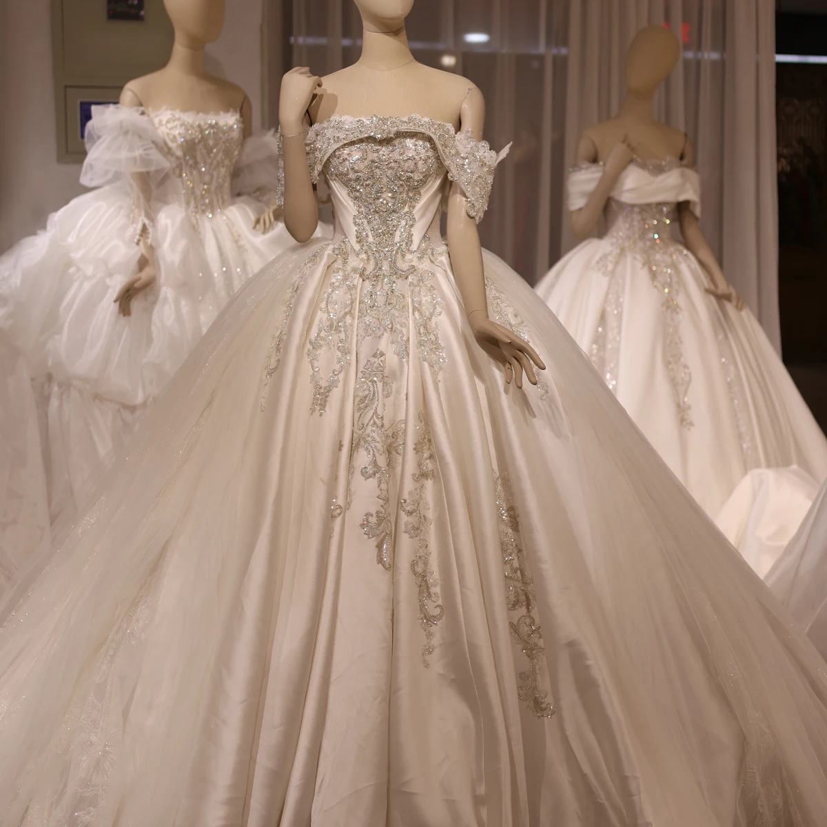 

Sharon Said Luxury Dubai Off Shoulder Ball Gown Ivory Satin Wedding Dress 100% Real Photo Beaded Bridal Gown RS037 Customized