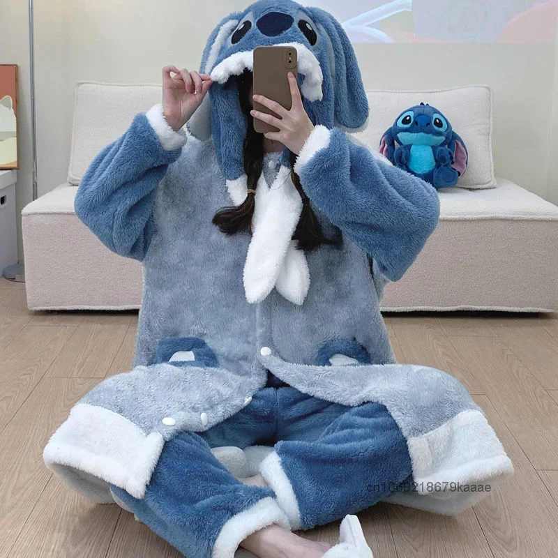 Disney Stitch Cute Cartoon Soft Fluffy Home Wear Female Autumn Winter New Dormitory Pajamas Y2k Sweet Girl Casual Nightrobe Set